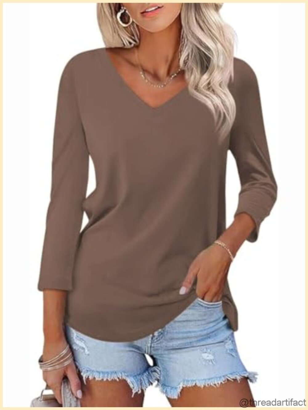 Women's V Neck 3/4 Sleeve Loose Tunic Tee Casual Summer T Shirt Top